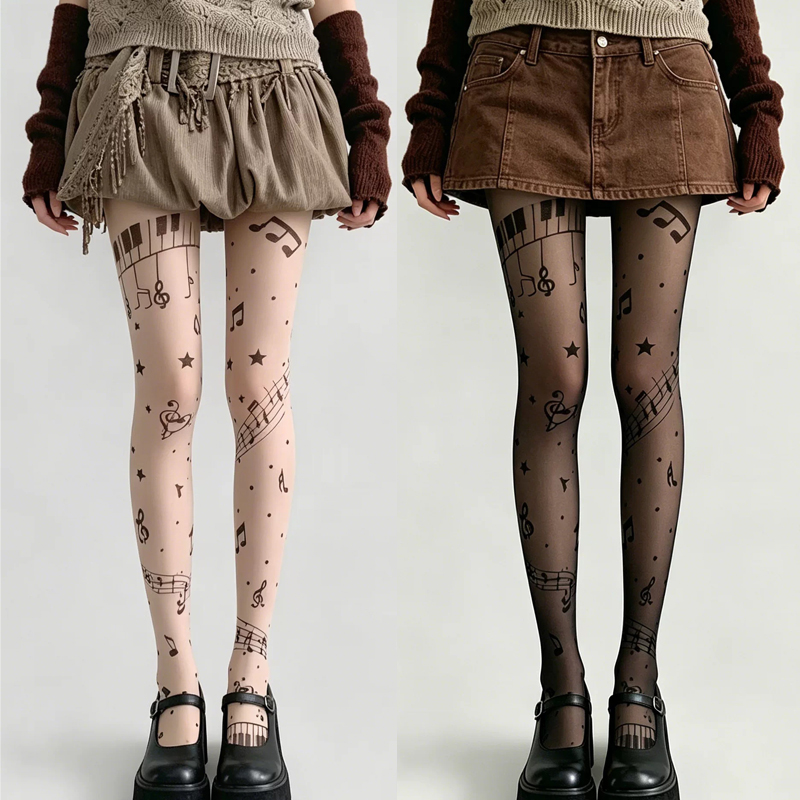 Tights Pantyhose Sheer - Прозрачные колготки с принтом музыкальных нот